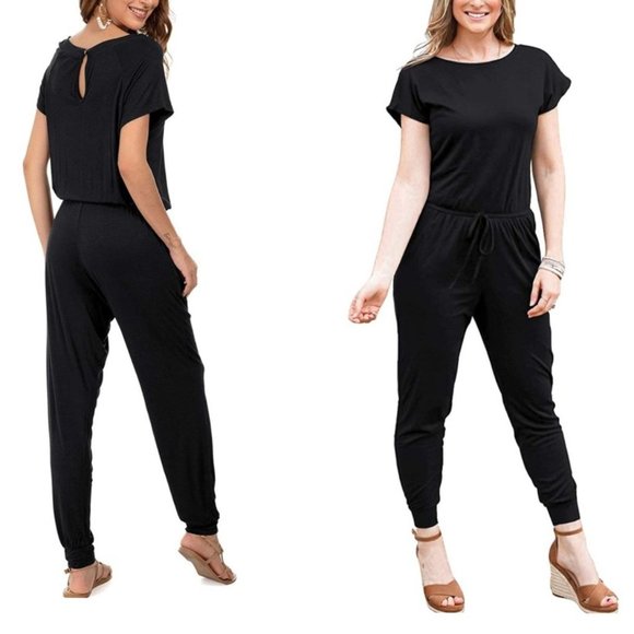 Boutique Pants - Casual Short Sleeve Jumpsuit with Pocket